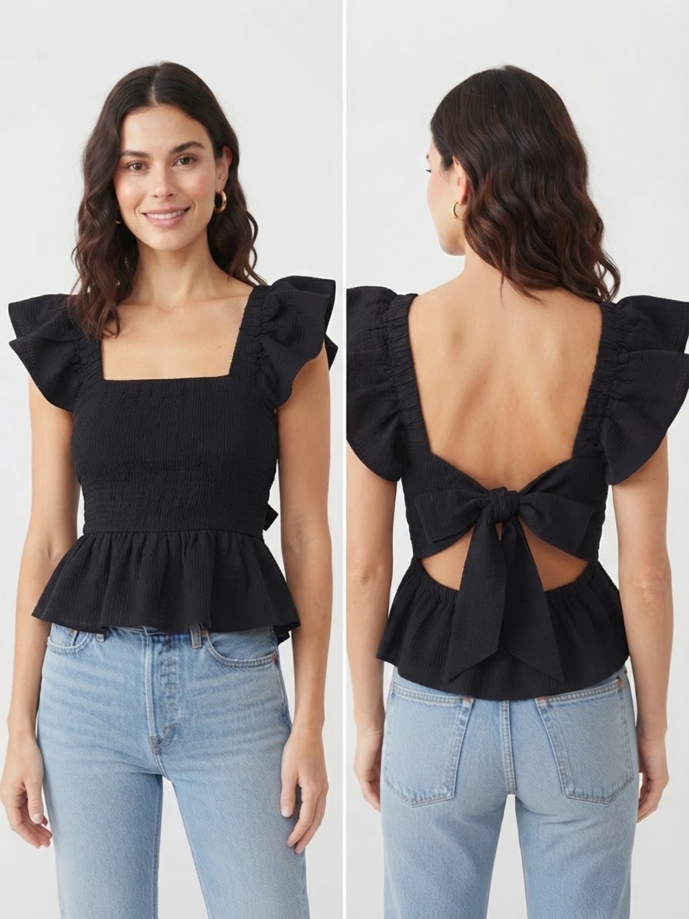 ALAYA Black Smocked Ruffle Sleeve Tie Back Peplum Top Size Medium